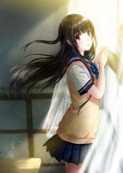 Rule 34 | 1girl, black hair, blush, bow, brown eyes, cardigan vest, commentary, cowboy shot, desk, hands up, highres, kazuharu kina, light particles, light rays, long hair, looking at viewer, looking to the side, open mouth, original, pleated skirt, school desk, school uniform, serafuku, short sleeves, signature, skirt, solo, sunlight, wind, window