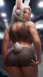 Rule 34 | 1girl, animal ears, ass, bare arms, black shorts, black sports bra, blurry, blurry background, bokeh, boku no hero academia, clothing cutout, dark-skinned female, dark skin, depth of field, from behind, hands on own ass, long hair, looking at viewer, median furrow, mirko, numanoan, parted lips, rabbit ears, rabbit girl, rabbit tail, red eyes, shorts, smile, solo, sports bra, tail, tail through clothes, thighs, toned, white hair
