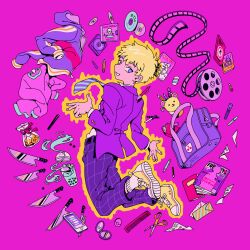 Rule 34 | 1boy, aryll (marbles), bag, blonde hair, buttoned cuffs, buttons, cd, cellphone, converse, cup, desk, eraser, fingernails, floating, full body, hanazawa teruki, highres, jacket, knife, levitation, long sleeves, magazine (object), male focus, mob psycho 100, necktie, pants, paper, phone, pink background, psychic, purple jacket, school bag, shirt, shoelaces, shoes, smartphone, smile, socks, teacup, water, white socks