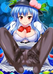 Rule 34 | 1girl, black pantyhose, blue hair, blush, bow, bra, breasts, cleft of venus, feet, food, foot focus, fruit, hat, highres, hinanawi tenshi, honda takaharu, large breasts, long hair, no shoes, open clothes, panties, panties under pantyhose, pantyhose, peach, red eyes, smile, soles, solo, thighband pantyhose, toes, touhou, underwear, white bra