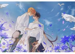 Rule 34 | 2boys, absurdres, ahoge, antenna hair, belt, bird, black belt, blue eyes, blue sky, brown hair, buttons, chinese commentary, closed mouth, cloud, collared shirt, commentary request, contemporary, day, dove, dress shirt, earrings, eye contact, eyelashes, falling petals, field, flower, flower field, genshin impact, glaze lily, grey pants, hair between eyes, hand up, highres, holding, holding clothes, holding flower, holding jacket, jacket, unworn jacket, jewelry, letterboxed, long hair, long sleeves, looking at another, low ponytail, male focus, multiple boys, orange hair, outdoors, pants, petals, ponytail, profile, purple flower, shirt, shirt tucked in, short hair, sidelocks, single earring, sky, smile, standing, tartaglia (genshin impact), very long hair, white shirt, wing collar, yellow eyes, youliangzhi, zhongli (genshin impact)