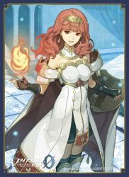 Rule 34 | 1girl, arm guards, bare shoulders, breasts, cape, celica (fire emblem), company connection, company name, copyright name, detached collar, dress, earrings, elbow gloves, fingerless gloves, fire, fire emblem, fire emblem cipher, fire emblem echoes: shadows of valentia, gloves, hair ornament, hidari (left side), jewelry, logo, long hair, magic, medium breasts, nintendo, official art, outdoors, red eyes, red hair, shield, smile, solo, thighhighs, zettai ryouiki