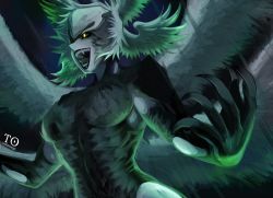 Rule 34 | 10s, 1girl, claws, crazy smile, fangs, feathered wings, final fantasy, final fantasy xiv, garuda (final fantasy), green hair, grin, head wings, large wings, monster girl, multiple wings, smile, standing, tabletorgy, wings, yellow eyes