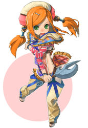 Rule 34 | 1girl, aisha (romancing saga), aisha (saga), blush, bottomless, bracelet, chaps, covering privates, embarrassed, full body, green eyes, hair ornament, hairclip, hat, jewelry, long hair, open mouth, orange hair, pussy, romancing saga, romancing saga minstrel song, saga, sandals, solo, square enix, twintails, uncensored, weapon