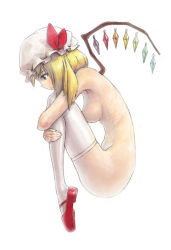 Rule 34 | 1girl, blonde hair, blush, breasts, female focus, fetal position, flandre scarlet, full body, hat, hat ribbon, igau, mary janes, medium breasts, nude, plantar flexion, profile, red eyes, ribbon, ribs, shoes, side ponytail, simple background, solo, thighhighs, touhou, white background, wings
