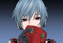 Rule 34 | 1boy, bad id, bad pixiv id, blue background, blue hair, covered mouth, gas mask, general (module), gloves, gradient background, hair between eyes, headphones, highres, holding, holding mask, kaito (vocaloid), looking at viewer, male focus, mask, unworn mask, project diva (series), red eyes, solo, unhappy refrain (vocaloid), upper body, vocaloid, yuki (tarojamg)