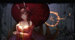Rule 34 | 1girl, akagi (azur lane), alternate costume, animal ears, azur lane, black hair, breasts, choker, cleavage, closed mouth, fox ears, fox tail, hair ribbon, highres, japanese clothes, kimono, large breasts, long hair, looking at viewer, multiple tails, off shoulder, oil-paper umbrella, red eyes, ribbon, solo, tail, umbrella, wangchuan de quanyan