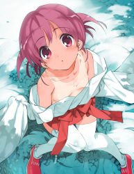 Rule 34 | 1girl, blush, breasts, closed mouth, dot mouth, downblouse, from above, japanese clothes, looking at viewer, looking up, matching hair/eyes, metallican, no bra, off shoulder, one-piece tan, open mouth, red eyes, red hair, saki (manga), short hair, sitting, small breasts, solo, tan, tanline, thighhighs, twintails, usuzumi hatsumi, white thighhighs
