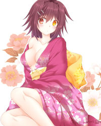Rule 34 | 1girl, back bow, bare legs, blush, bow, breasts, brown hair, cleavage, closed mouth, collarbone, commentary request, feet out of frame, floral background, floral print, furutaka (kancolle), hair ornament, hairclip, head tilt, heterochromia, japanese clothes, kantai collection, kimono, long sleeves, looking at viewer, medium breasts, obi, off shoulder, pink kimono, print kimono, red eyes, sash, short hair, single bare shoulder, sitting, solo, tamagawa yukimaru, tareme, twitter username, wide sleeves, yellow bow, yellow eyes, yokozuwari