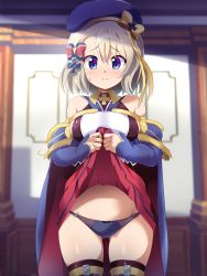 Rule 34 | 1girl, azur lane, blonde hair, blue eyes, breasts, cape, character request, clothes lift, hat, highres, konpeto, large breasts, legs, looking at viewer, panties, presenting, short hair, skirt, skirt lift, solo, thick thighs, thighs, underwear, z23 (azur lane)
