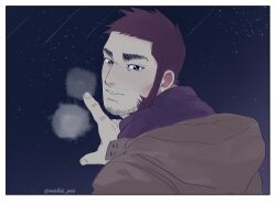 Rule 34 | 1boy, bara, beard stubble, blush, buzz cut, facial hair, golden kamuy, highres, looking at viewer, male focus, mature male, nzo (oishii pie), pointing, pointing forward, shooting star, short hair, sky, smile, solo, star (sky), starry sky, stubble, tanigaki genjirou, thick eyebrows, upper body, very short hair, winter clothes
