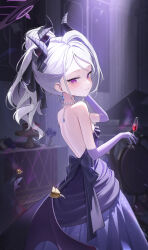 Rule 34 | 1girl, absurdres, bare shoulders, blue archive, dress, elbow gloves, gloves, highres, hina (blue archive), looking at viewer, purple dress, purple eyes, smile, solo, strapless, strapless dress, tiokun7, white hair