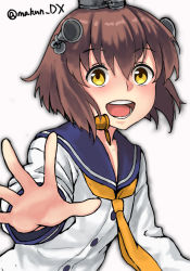 Rule 34 | 1girl, brown hair, hair between eyes, headgear, highres, kantai collection, looking at viewer, maakun (makun dx), neckerchief, one-hour drawing challenge, open mouth, orange neckerchief, outstretched arm, short hair, simple background, smile, solo, teeth, white background, yellow eyes, yukikaze (kancolle)