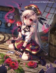 Rule 34 | 10s, 1girl, bat (animal), boots, cardfight!! vanguard, dagger, detached sleeves, earrings, eating, fingerless gloves, food, fruit, gloves, hair ribbon, hat, jewelry, knife, long hair, looking at viewer, masaru.jp, official art, pirate hat, pirate ship, plaid, plaid skirt, pleated skirt, pointy ears, red eyes, ribbon, silver hair, sitting, skirt, tomato, twintails, wariza, weapon