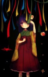 Rule 34 | 1girl, blush, flower, frills, hair flower, hair ornament, hieda no akyuu, japanese clothes, kimono, looking at viewer, open mouth, origami, paper crane, purple eyes, purple hair, ribbon, short hair, simple background, skirt, solo, touhou, windmill, yujup