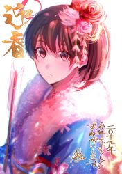 Rule 34 | 1girl, 2019, absurdres, arrow (projectile), bad id, bad pixiv id, betti (maron), blue kimono, brown eyes, brown hair, expressionless, flower, fur-trimmed kimono, fur trim, furisode, hair flower, hair ornament, hamaya, highres, japanese clothes, kaga (kancolle), kantai collection, kimono, long hair, looking at viewer, new year, side ponytail, simple background, solo, upper body, white background