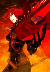Rule 34 | 1girl, cape, fate/grand order, fate (series), long hair, looking at viewer, oda nobunaga (fate), oda nobunaga (koha-ace), oda nobunaga (maou avenger) (fate), official art, pako (pakosun), red background, red cape, red eyes, red hair, sword, very long hair, weapon