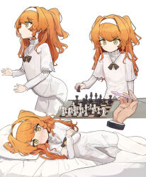 Rule 34 | 1girl, bed sheet, blush, braid, chessboard, crossed arms, disembodied hand, dress, hair intakes, hairband, head on pillow, holding chess piece, layered sleeves, long hair, long sleeves, looking at viewer, lying, multiple views, on side, orange hair, paid reward available, pkpkpppk, playing chess, reverse:1999, short over long sleeves, short sleeves, single braid, sonetto (reverse:1999), tongue, tongue out, white background, white dress, white hairband, yellow eyes