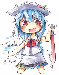 Rule 34 | 1girl, adapted costume, black hat, blue hair, blush, bow, bowtie, character name, hair between eyes, happy, hat, hinanawi tenshi, holding, holding sword, holding weapon, kibayashi kimori, leaf hat ornament, long hair, looking at viewer, no apron, one-hour drawing challenge, open mouth, peach hat ornament, red bow, red bowtie, red eyes, shirt, simple background, skirt, sleeveless, sleeveless shirt, smile, solo, sword, sword of hisou, touhou, very long hair, weapon, white background, white shirt
