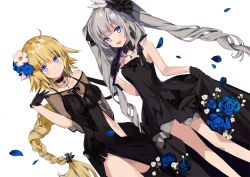 Rule 34 | 2girls, :d, black dress, black gloves, black legwear, blonde hair, blue eyes, blush, braid, breasts, choker, cleavage, closed mouth, covered navel, detached collar, dress, drill hair, dutch angle, fate/grand order, fate (series), flower, gloves, grey hair, hair flower, hair ornament, half gloves, highres, jeanne d&#039;arc (fate), jeanne d&#039;arc (formal dress) (fate), jeanne d&#039;arc (ruler) (fate), jewelry, large breasts, long hair, marie antoinette (fate), marie antoinette (formal dress) (fate), medium breasts, multiple girls, necklace, nove (legge), official alternate costume, open mouth, pendant, petals, side slit, simple background, single braid, smile, thighhighs, twin drills, twintails, very long hair, white background