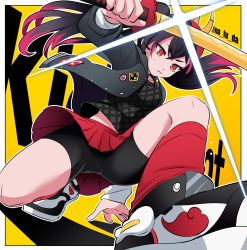 Rule 34 | 1girl, arm support, bike shorts, black hair, black jacket, black shirt, breasts, closed mouth, collarbone, commentary request, copyright name, crossed bangs, full body, glint, hair between eyes, highres, hitagi (kick-flight), holding, holding sword, holding weapon, jacket, katana, kick-flight, long sleeves, looking down, mask, mask on head, medium breasts, midriff peek, mixed-language commentary, multicolored hair, nafuda, oni mask, open clothes, open jacket, pleated skirt, red eyes, red hair, red skirt, red socks, shadow, shirt, shoes, shorts, shorts under skirt, sidelocks, simple background, skirt, sneakers, socks, solo, squatting, streaked hair, sword, twintails, twitter username, two-tone hair, upskirt, weapon, yellow background