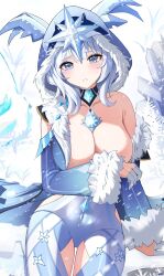 Rule 34 | 1girl, armpit crease, bare shoulders, blue eyes, blue hood, blue leggings, blue sleeves, blush, breasts, cicin mage (genshin impact), cleavage, clothing cutout, collarbone, covering privates, covering breasts, cowboy shot, cryo cicin mage (genshin impact), detached sleeves, dot nose, fur-trimmed hood, fur-trimmed sleeves, fur cuffs, fur trim, genshin impact, gloves, grey gloves, head tilt, highres, hood, hood up, jewelry, large breasts, leggings, legs together, long bangs, long hair, looking at viewer, off shoulder, parted lips, pendant, sidelocks, signature, simple background, snowflakes, snowing, solo, teeth, thigh cutout, thigh gap, wardrobe malfunction, white background, white hair, yeni1871