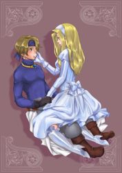 Rule 34 | 1boy, 1girl, breasts, brother and sister, brown hair, catiua powell, closed mouth, denim powell, dress, full body, gloves, long hair, short hair, siblings, simple background, tactics ogre