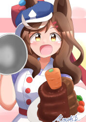 Rule 34 | 1girl, absurdres, animal ears, apron, beret, breasts, brown hair, carrot, commentary request, ears through headwear, food, hair ornament, hat, highres, horse ears, horse girl, horse tail, looking at viewer, matikane tannhauser (umamusume), matty (matsutomo), medium breasts, medium hair, open mouth, plate, school uniform, signature, simple background, solo, tail, tracen school uniform, umamusume, yellow eyes