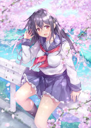 Rule 34 | 1girl, :d, akizora momiji, black hair, black legwear, blue skirt, branch, breasts, cherry blossoms, collarbone, commentary request, grass, guard rail, hair ornament, hairclip, hand in own hair, highres, looking at viewer, medium breasts, mountain, mountainous horizon, ocean, on railing, open mouth, original, petals, pleated skirt, railing, red eyes, red ribbon, ribbon, sailor collar, school uniform, shirt, sitting, skirt, smile, solo, white shirt
