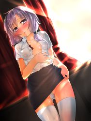 Rule 34 | 1girl, black skirt, blush, breasts, clothes lift, covered erect nipples, dutch angle, gluteal fold, looking at viewer, low twintails, navel, no bra, open clothes, open mouth, open shirt, pencil skirt, purple eyes, purple hair, shirasagi rokuwa, shirt, short hair with long locks, skirt, skirt lift, small breasts, solo, sweat, thighhighs, twintails, vocaloid, voiceroid, white thighhighs, yuzuki yukari, zettai ryouiki