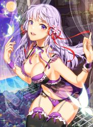 Rule 34 | 1girl, babydoll, bad id, bad pixiv id, bedroom, breasts, bug, butterfly, cleavage, clinexgrim, curtains, flower, full moon, garter straps, hair flower, hair ornament, hair ribbon, highres, bug, large breasts, light purple hair, long hair, looking at viewer, moon, open mouth, original, panties, purple eyes, ribbon, silver hair, solo, thighhighs, underwear, wrist cuffs