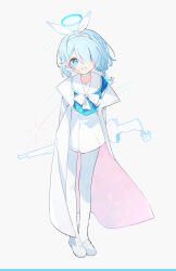 Rule 34 | 1girl, arin (fanfan013), arona (blue archive), blue archive, blue eyes, blue hair, blue halo, blush, bow hairband, braid, coat, full body, grin, hairband, halo, highres, looking at viewer, open clothes, open coat, pantyhose, sailor collar, shoes, short hair, single braid, skirt, smile, solo, white coat, white footwear, white hairband, white pantyhose, white sailor collar, white skirt