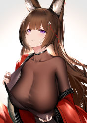 Rule 34 | 1girl, absurdres, amagi (azur lane), an yasuri, animal ears, azur lane, black bodysuit, blush, bodysuit, breasts, brown hair, cleavage, covered erect nipples, fox ears, gradient background, hair ornament, highres, japanese clothes, kimono, large breasts, long hair, looking at viewer, purple eyes, red kimono, short eyebrows, skin tight, solo, very long hair, wide sleeves