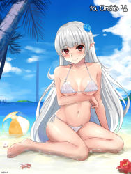 Rule 34 | 00s, 1girl, ball, barefoot, beach, beachball, bikini, blush, breast hold, breasts, cloud, covered erect nipples, day, dungeon and fighter, flower, hair flower, hair ornament, long hair, looking at viewer, mage (dungeon and fighter), medium breasts, navel, outdoors, pointy ears, red eyes, shaojiang, shiny skin, side-tie bikini bottom, sitting, sky, smile, solo, swimsuit, tower, very long hair, water, wet, wet clothes, white bikini, white hair, yokozuwari
