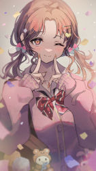 Rule 34 | 1girl, bimbofication, blurry, blush, bow, brown hair, cardigan, collarbone, confetti, depth of field, finger to mouth, grey background, grey bow, gyaru, hair bow, hair ornament, hairpin, heart, heart necklace, highres, ichikawa hinana, idolmaster, idolmaster shiny colors, index finger raised, jewelry, long sleeves, low twintails, multiple hairpins, nail polish, necklace, one eye closed, parted bangs, pink bow, pink cardigan, red bow, school uniform, shirt, sleeves past wrists, smile, solo, striped, striped bow, stuffed animal, stuffed toy, twintails, two-tone bow, umeume (totoya), white shirt, wing collar, yellow eyes, yellow nails
