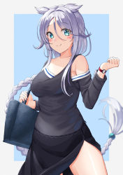 Rule 34 | 1girl, adapted costume, alternate costume, bag, black skirt, blouse, blue background, border, braid, grey shirt, hair between eyes, hair flaps, hair tie, kantai collection, long hair, looking at viewer, mayura (lucadia), mole, mole under eye, off shoulder, parted bangs, shirt, silver hair, single braid, skirt, smile, solo, two-tone background, umikaze (kancolle), umikaze kai ni (kancolle), very long hair, white border