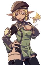 Rule 34 | 00s, 1girl, beret, blonde hair, boots, brown hat, elf, elvaan, female focus, final fantasy, final fantasy xi, hand on own hip, hat, katy (artist), pointy ears, simple background, solo, thigh boots, thighhighs