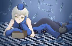 Rule 34 | 1girl, absurdres, book, boots, card, dress, elizabeth (persona), gado soulsilver, gloves, hand on own cheek, hand on own face, hat, highres, looking at viewer, lying, lying on ground, short hair, smile, velvet room, wallpaper, white hair, yellow eyes
