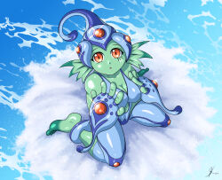 Rule 34 | 1girl, absurdres, armor, clothing cutout, digimon, digimon (creature), fins, frog girl, full body, helmet, highres, looking at viewer, monster girl, navel cutout, one-piece swimsuit, ranamon, red eyes, shiny skin, swimsuit, water