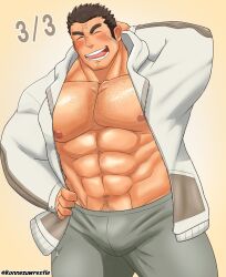 Rule 34 | 1boy, abs, arm behind head, bara, bare pectorals, blush, bulge, chest hair, cowboy shot, cross scar, hairy, highres, hood, hood down, hooded jacket, houzouin oniwaka, jacket, konnezuwrestle, large pectorals, long sideburns, male focus, mature male, muscular, muscular male, navel, navel hair, nipples, pectorals, scar, scar on face, scar on forehead, short hair, sideburns, solo, stomach, strongman waist, thick eyebrows, tokyo houkago summoners