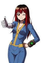 Rule 34 | absurdres, blue jumpsuit, cosplay, epic fail project, erica naito, fallout (series), fallout 3, hand on own hip, highres, jumpsuit, long hair, mechanical arms, mechanical parts, original, pip boy, red hair, self-upload, single mechanical arm, solo, transparent background