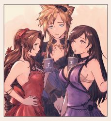 Rule 34 | 1boy, 2girls, aerith gainsborough, aerith gainsborough (red dress), between breasts, black hair, blonde hair, bow, breast envy, breasts, brown hair, bubble tea, bubble tea challenge, cleavage, cloud strife, cloud strife (blue dress), crossdressing, cup, disposable cup, dress, drinking straw, drinking straw in mouth, final fantasy, final fantasy vii, final fantasy vii remake, frilled sleeves, frills, gusty10rk, hair bow, highres, multiple girls, object on breast, official alternate costume, purple dress, red dress, spiked hair, square enix, swept bangs, tifa lockhart, tifa lockhart (refined dress), wall market