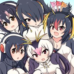 Rule 34 | 10s, 5girls, black hair, black jacket, blush, breast rest, breasts, breasts on head, brown hair, chawan (yultutari), cleavage, commentary request, covered navel, emperor penguin (kemono friends), gentoo penguin (kemono friends), group name, hair between eyes, hair over one eye, headphones, highres, hood, hooded jacket, humboldt penguin (kemono friends), jacket, jacket tug, kemono friends, large breasts, leotard, logo, long hair, looking at viewer, miniskirt, multiple girls, open mouth, penguins performance project (kemono friends), red eyes, rockhopper penguin (kemono friends), royal penguin (kemono friends), shiny skin, short hair, simple background, skirt, smile, twintails