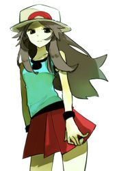 Rule 34 | 1girl, brown eyes, brown hair, creatures (company), expressionless, game freak, hat, leaf (pokemon), long hair, looking at viewer, nintendo, poke ball, pokemon, simple background, skirt, sleeveless, solo, standing, tomtomjm, white background, wristband