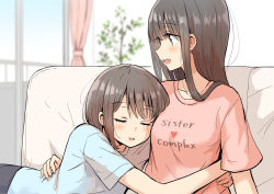 Rule 34 | 2girls, betock, blue eyes, blurry, blush, brown hair, clothes writing, couch, depth of field, english text, closed eyes, hand on another&#039;s back, head on chest, highres, hug, incest, indoors, long hair, multiple girls, open mouth, original, shirt, short hair, siblings, sisters, sitting, smile, t-shirt, teeth, upper teeth only, yuri