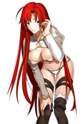Rule 34 | 1girl, adjusting hair, alternate hair length, alternate hairstyle, bent over, black ribbon, blue eyes, boots, boudica (fate), boudica (third ascension) (fate), bra, breasts, brown thighhighs, chietori, cleavage, fate/grand order, fate (series), grin, groin, hair intakes, hand on own knee, highleg, highleg panties, highres, leaning forward, leg ribbon, long hair, long sleeves, looking at viewer, medium breasts, multi-strapped panties, panties, red hair, ribbon, shrug (clothing), simple background, smile, solo, straight hair, strapless, strapless bra, thigh boots, thigh gap, thigh ribbon, thighhighs, underwear, very long hair, white background, white bra, white panties