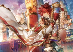 Rule 34 | 1boy, building, cloak, clock, clock tower, cloud, cloudy sky, elsword, elsword (character), gloves, hourglass, male focus, outdoors, red eyes, red hair, rune slayer (elsword), scorpion5050, sky, solo, tattoo, tower, zipper