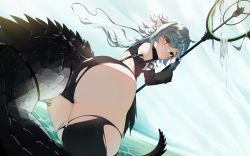 Rule 34 | 1girl, :3, absurdres, ahoge, arknights, ass, ass grab, backless outfit, bare shoulders, black thighhighs, blush, crocodilian tail, detached sleeves, fingerless gloves, from behind, gloves, grabbing own ass, highres, holding, holding staff, large tail, long hair, looking at viewer, looking back, pointy ears, shirt, silver hair, sleeveless, sleeveless shirt, solo, staff, tail, tail strap, thighhighs, thighs, tomimi (arknights), torn clothes, torn thighhighs, yellow eyes, zoneky