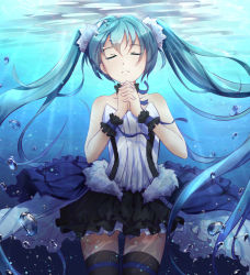 Rule 34 | 1girl, 7th dragon, 7th dragon (series), 7th dragon 2020, aqua hair, bubble, byakuya reki, closed eyes, hatsune miku, long hair, md5 mismatch, own hands clasped, own hands together, resolution mismatch, skirt, solo, source larger, submerged, thighhighs, twintails, underwater, very long hair, vocaloid