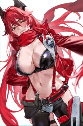 Rule 34 | 1girl, absurdres, black horns, blush, breasts, cleavage, commentary, goddess of victory: nikke, hair between eyes, highres, horns, jacket, joacy, large breasts, long hair, long sleeves, looking at viewer, navel, red hair, red hood (nikke), red jacket, red scarf, scarf, simple background, smile, solo, standing, suspenders, white background, yellow eyes